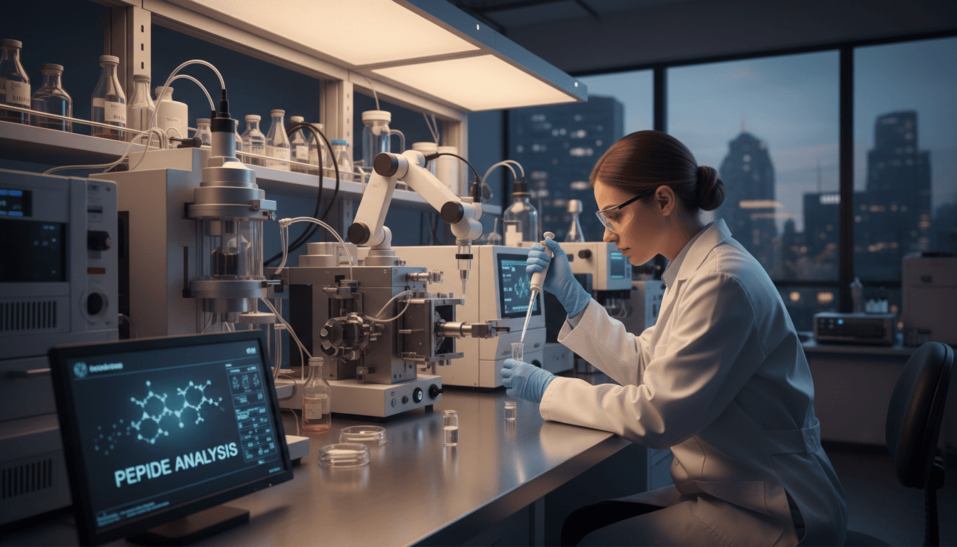 Scientist examining peptide sample in modern laboratory with precision equipment