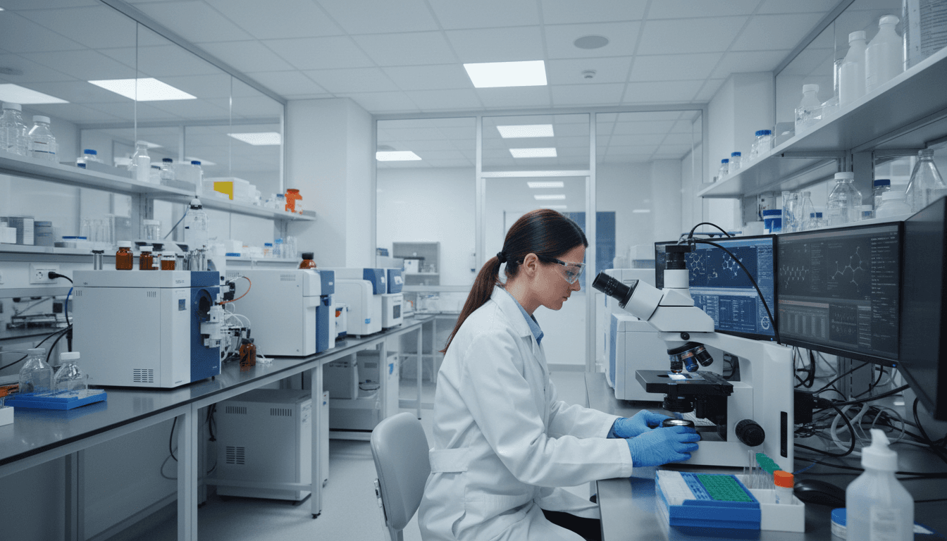 Scientist examining peptide samples in professional laboratory