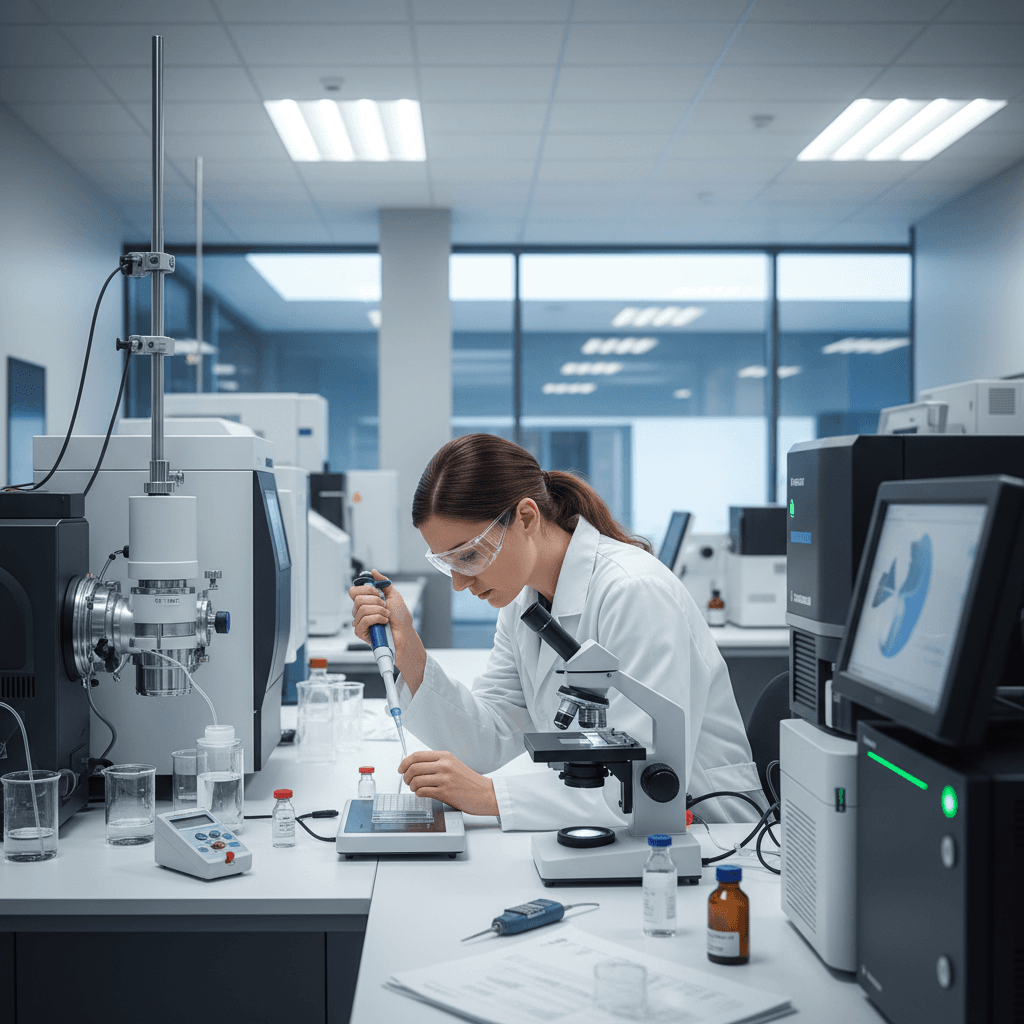 Scientist examining peptide sample in advanced laboratory