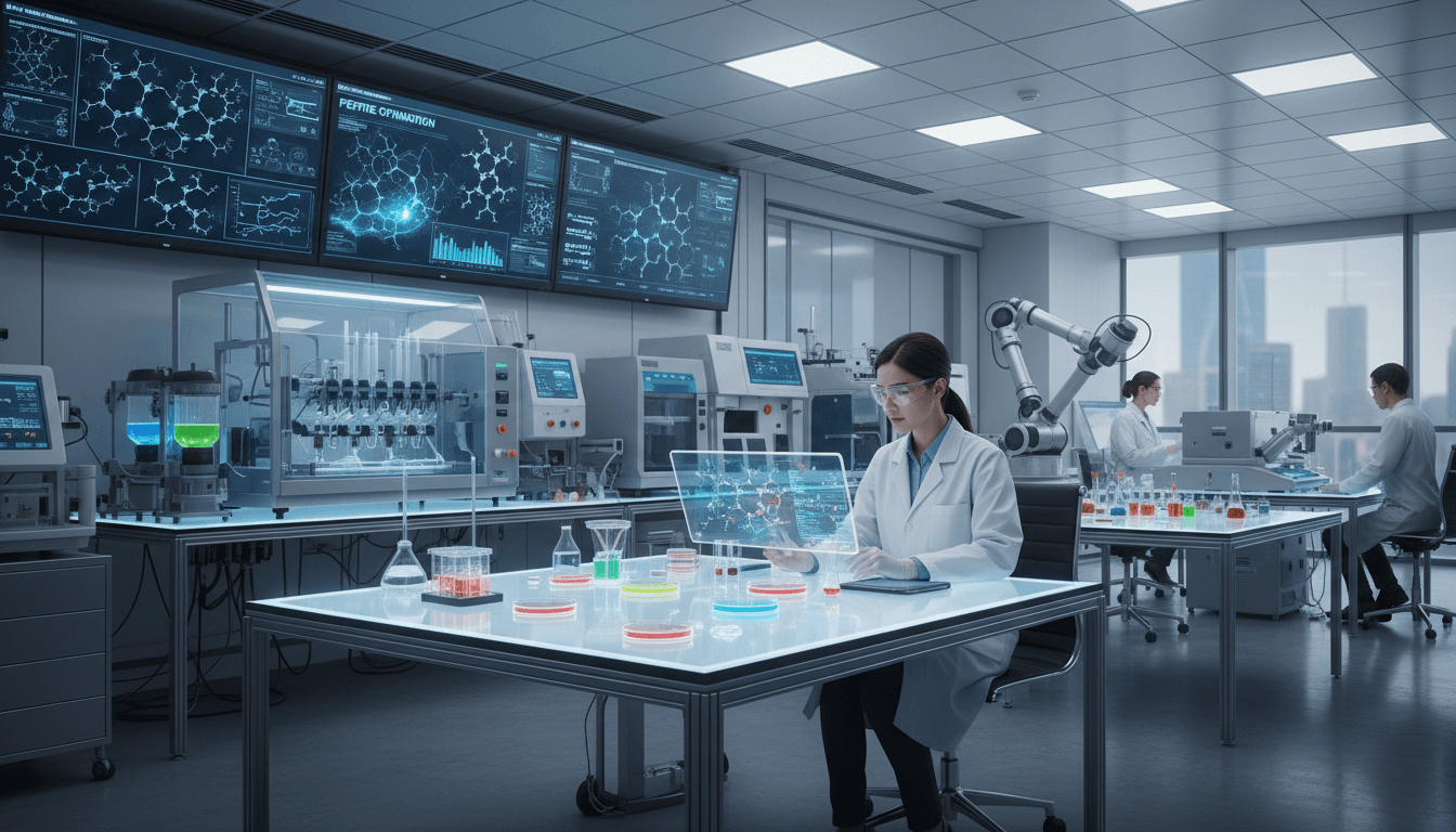 Advanced peptide research laboratory with professional scientific equipment and bright modern lighting