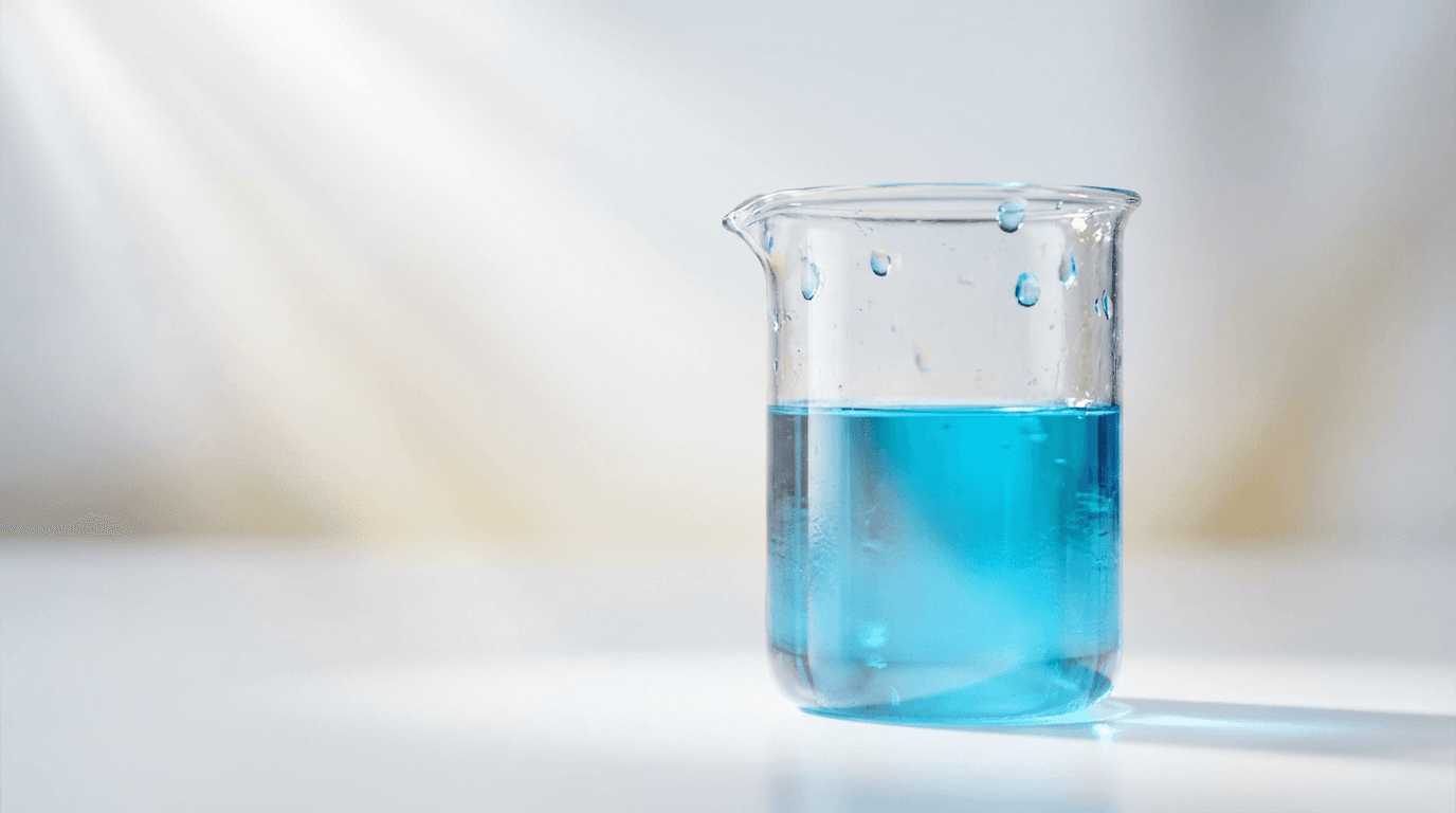 Blue liquid in laboratory beaker representing precision peptide science and advanced research