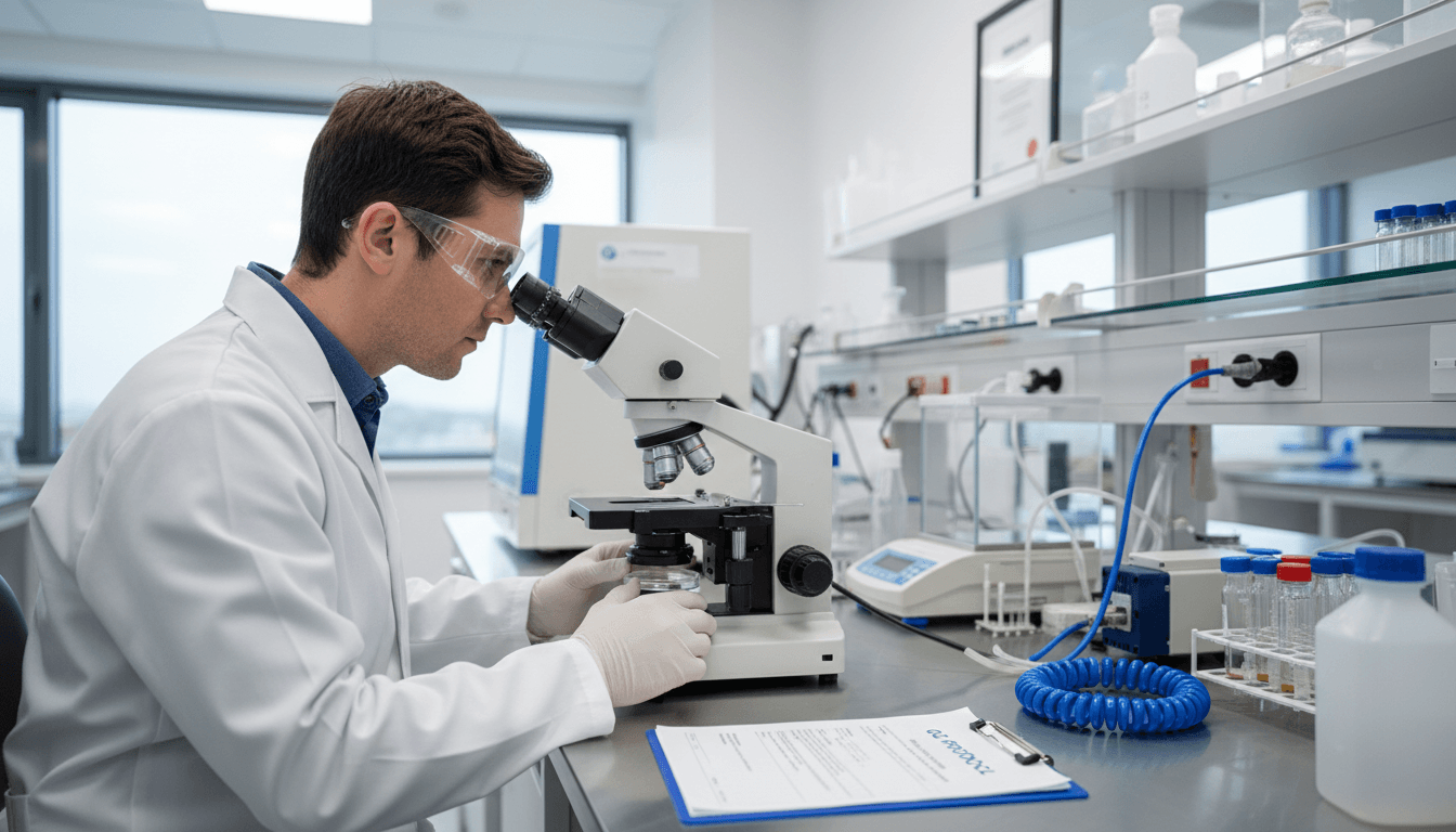 Scientist examining advanced peptide formulations in modern laboratory setting